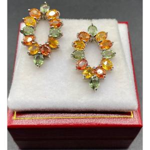 Pair Of Solid Silver Citrine And Dioptase Earrings Circa 1960/70 European