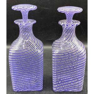 Pair Of Clichy Crystal Decanters Circa 1880 Blown In Layers And Multiple Colors 