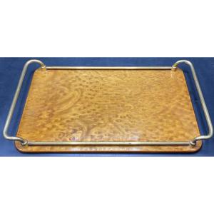 Italian Lacquered Burl Walnut And Gilt Brass Serving Tray Circa 1960