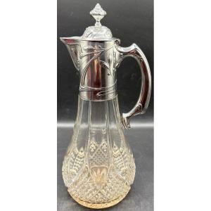 Large Ewer In Blown Cut Crystal And German Sterling Silver Circa 1900