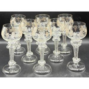 A Set Of Eight Alsatian Wine Glasses In Blown Crystal From The Late 19th Century