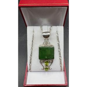 Pendentif En Argent Massif Péridots Et Jade Des Années 1970/80 Européen