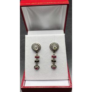 Pair Of Sterling Silver, Onyx Garnets And Foreign Quartz Earrings Circa 1980