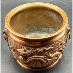 Small Chinese Cast Bronze Incense Holder Cache Pot With Golden Death Patina From The 1900s