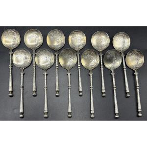 A Set Of Twelve 1900s European Sterling Silver Ice Cream Spoons