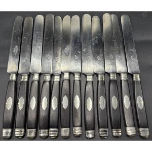 A Series Of Large Table Knives Assembled Steel Ebony And Solid Silver From The Early 19th Belgi