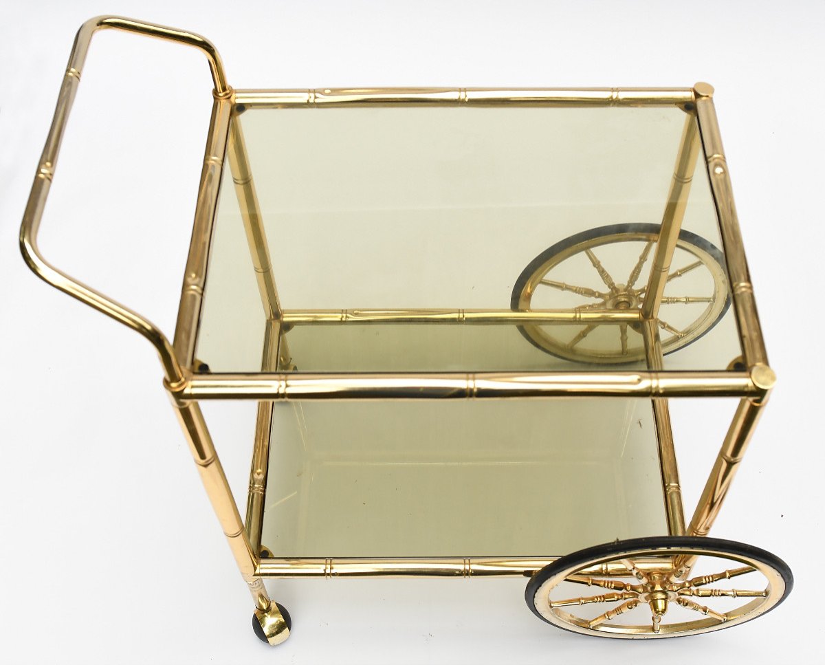 Vintage Bamboo-style Brass And Glass Trolley On Wheels-photo-4