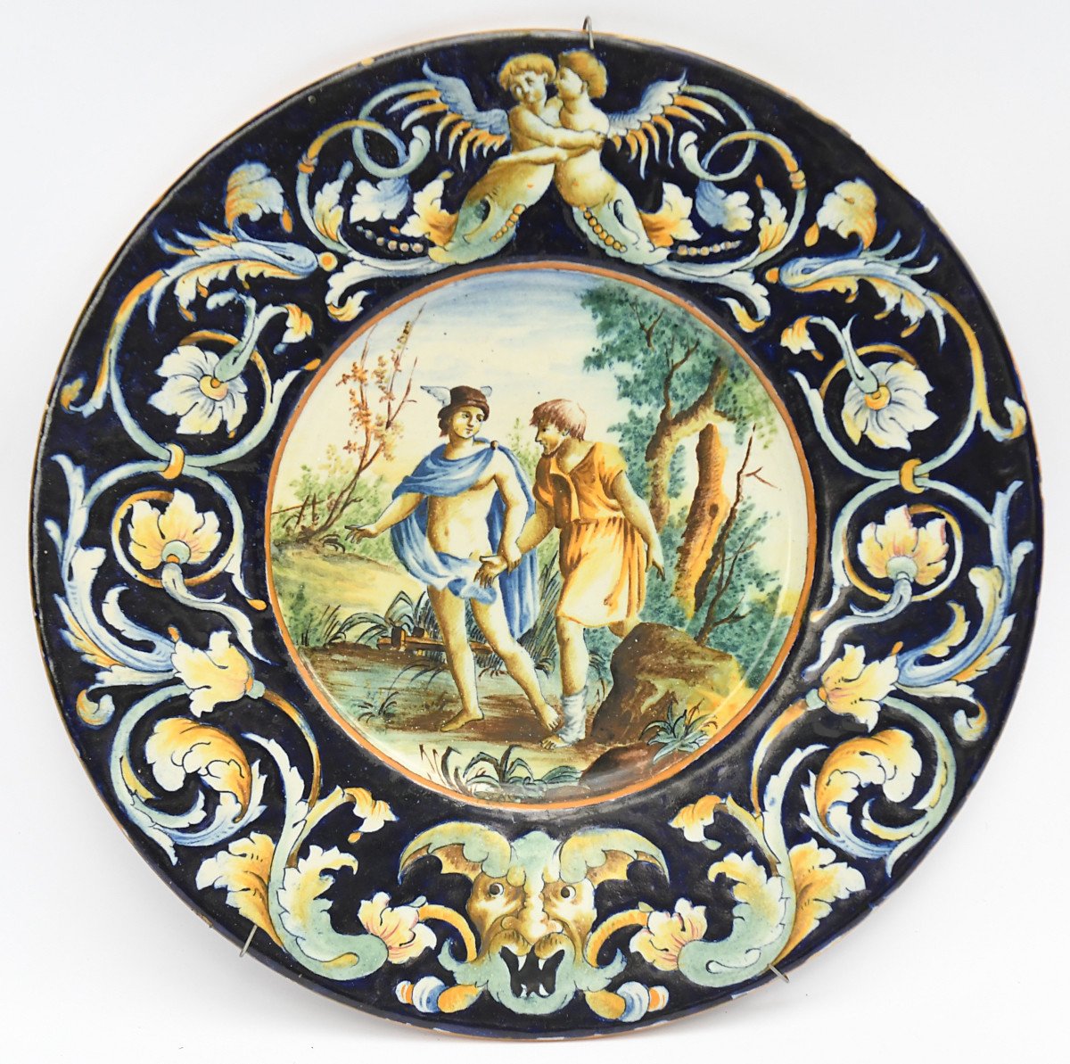 Majolica Earthenware Dish Decorated With Hermes Guiding An Elder