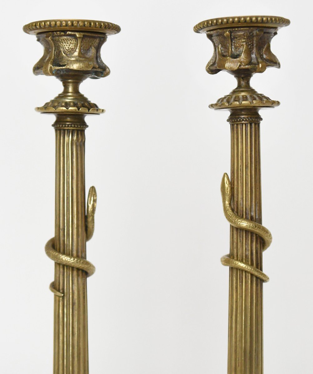Pair Of Gilded Bronze Candlesticks Decorated With A Snake-photo-2