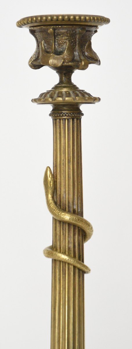 Pair Of Gilded Bronze Candlesticks Decorated With A Snake-photo-3