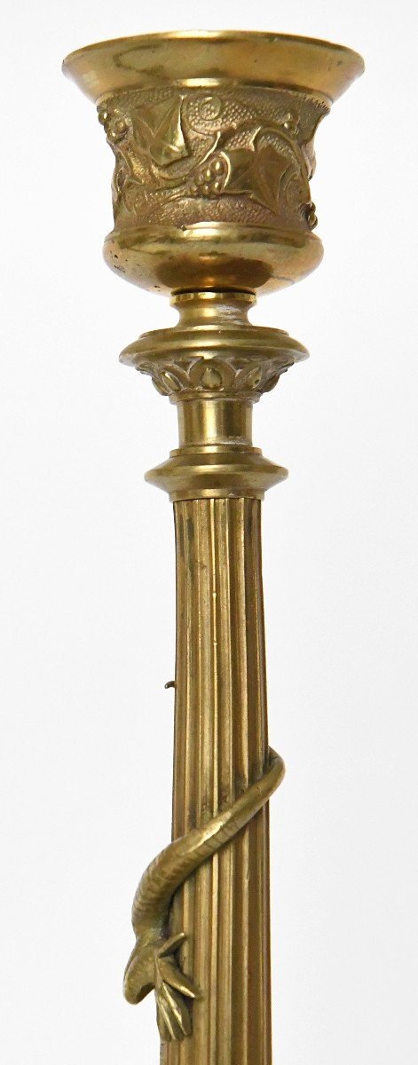 Pair Of Gilded Bronze Candlesticks Decorated With Lizards-photo-2