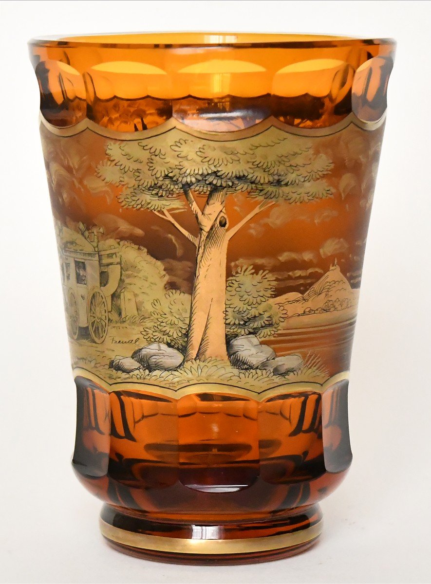 Bohemian Glass Vase Decorated With A Gilding Frieze Representing A Diligent In A Landscape-photo-1