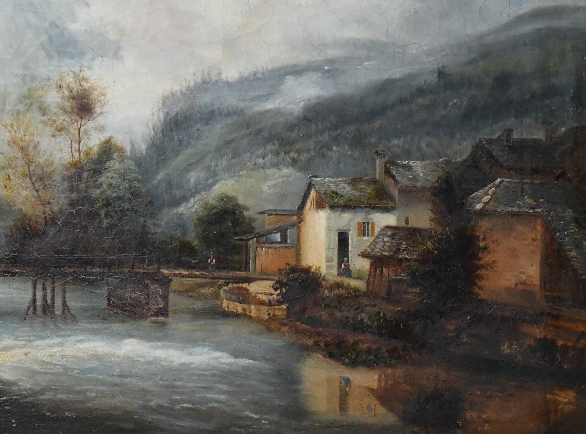 École française XIXème Huile sur toile Maison en bord de rivière -photo-3