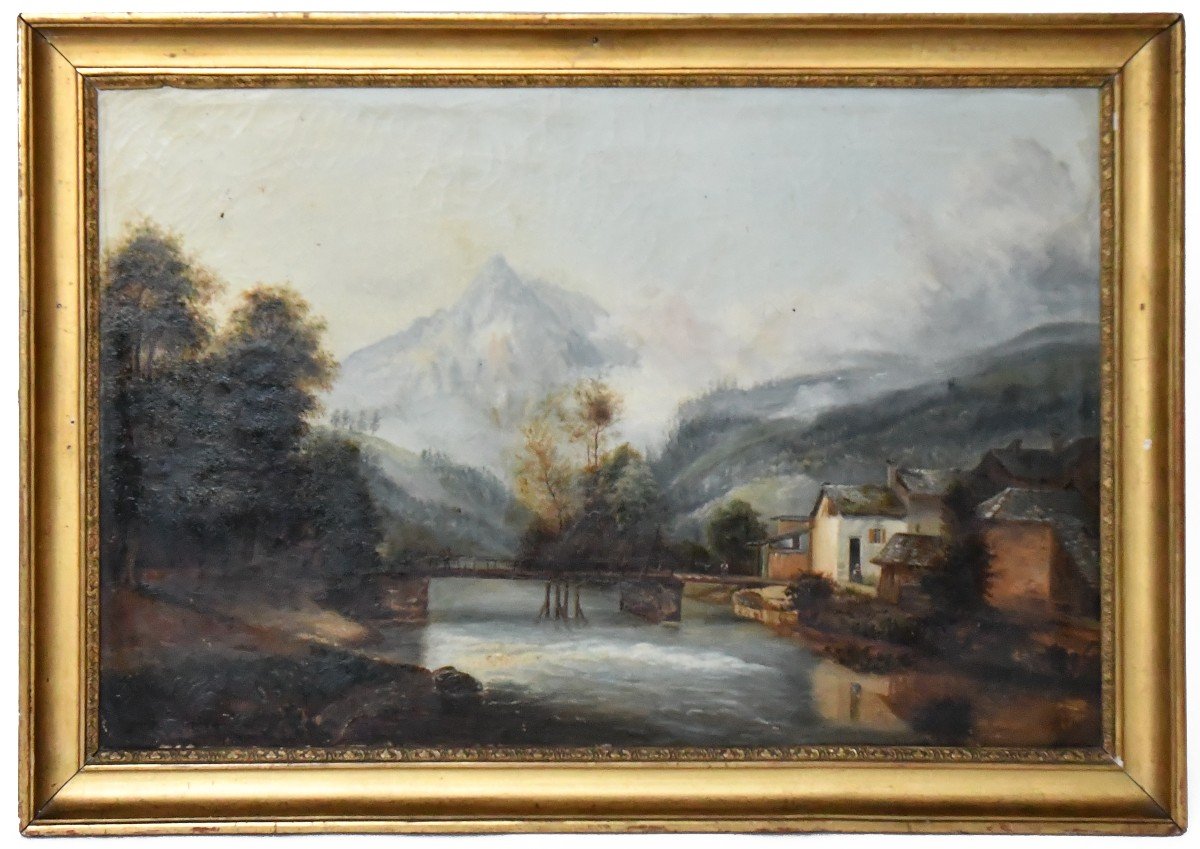 École française XIXème Huile sur toile Maison en bord de rivière 