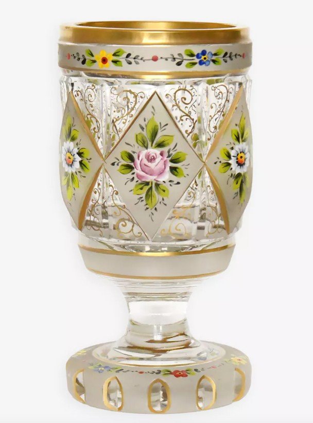 Bohemian Glass Vase With Enameled Flower Decoration 