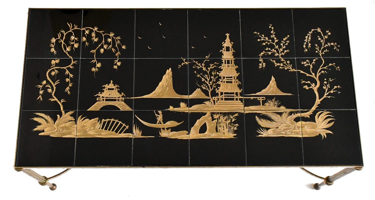 Table basse vintage plateau à carreaux à décor de paysage chinois -photo-2