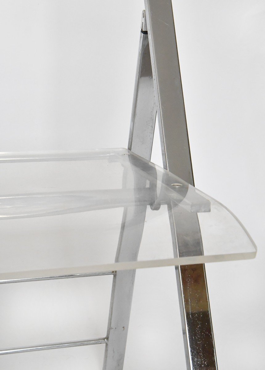 Set Of 5 Folding Chairs From The 1970s In Chromed Metal And Plexiglass -photo-2