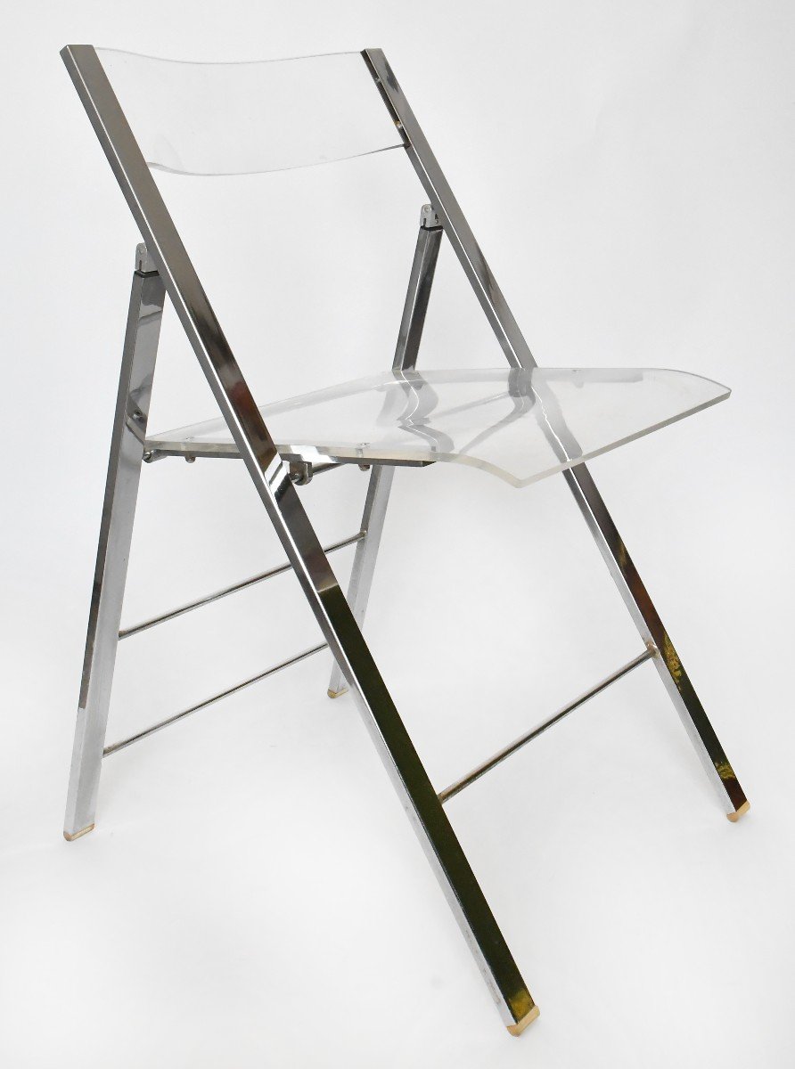 Set Of 5 Folding Chairs From The 1970s In Chromed Metal And Plexiglass -photo-3