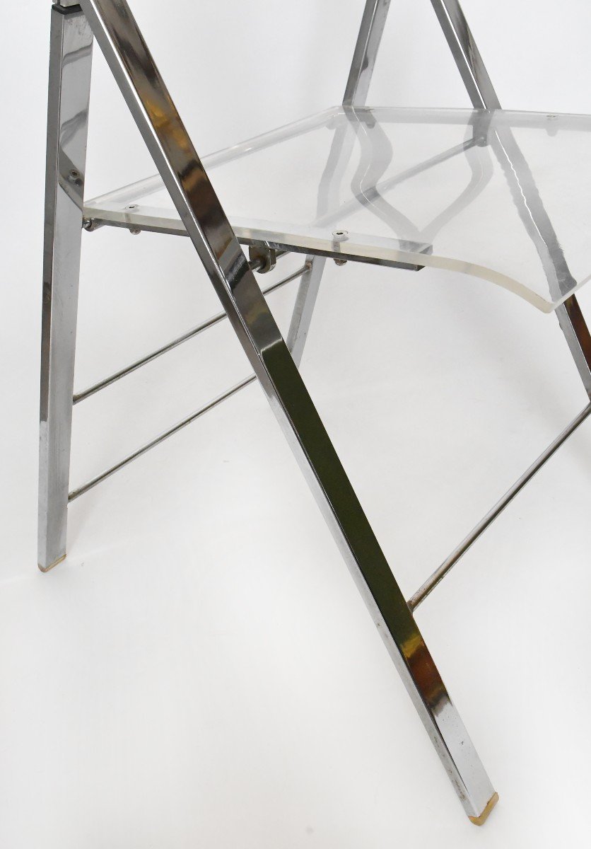 Set Of 5 Folding Chairs From The 1970s In Chromed Metal And Plexiglass -photo-4