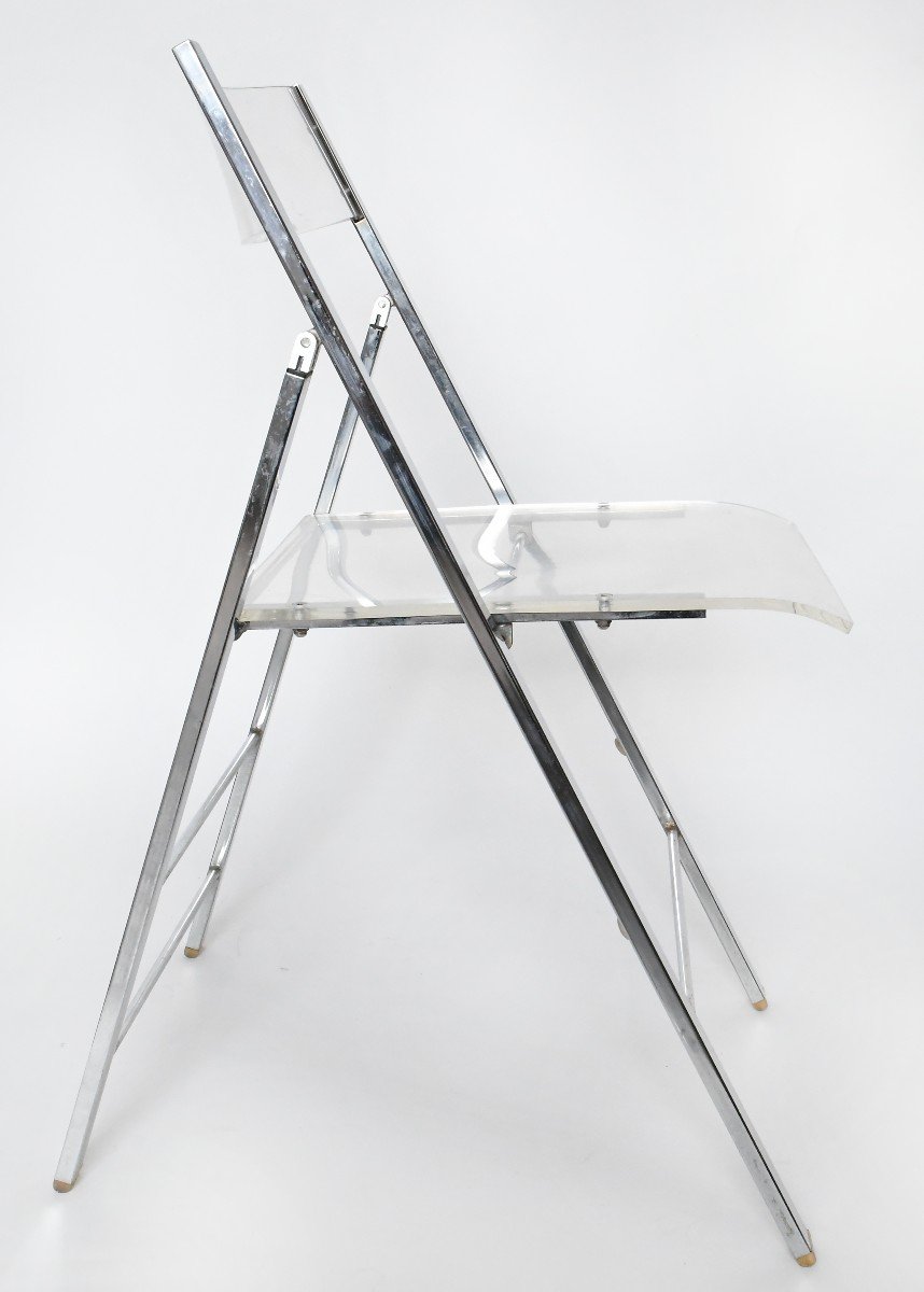 Set Of 5 Folding Chairs From The 1970s In Chromed Metal And Plexiglass -photo-2