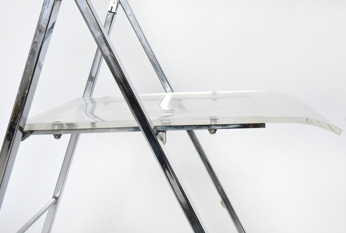 Set Of 5 Folding Chairs From The 1970s In Chromed Metal And Plexiglass -photo-3