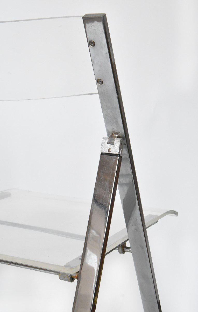 Set Of 5 Folding Chairs From The 1970s In Chromed Metal And Plexiglass -photo-6