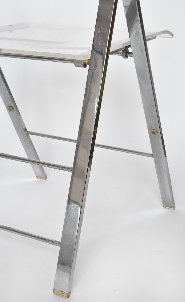 Set Of 5 Folding Chairs From The 1970s In Chromed Metal And Plexiglass -photo-7