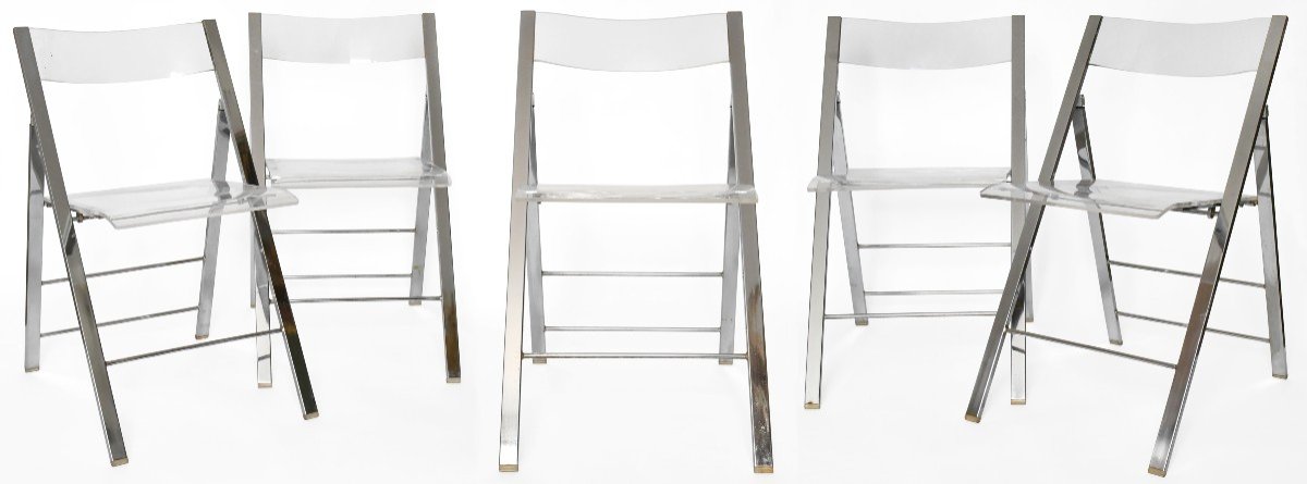 Set Of 5 Folding Chairs From The 1970s In Chromed Metal And Plexiglass 