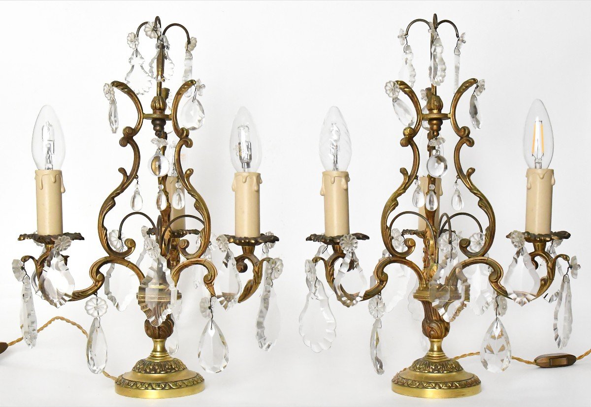 Pair Of Gilded Bronze Candelabras With Three Light Arms-photo-4