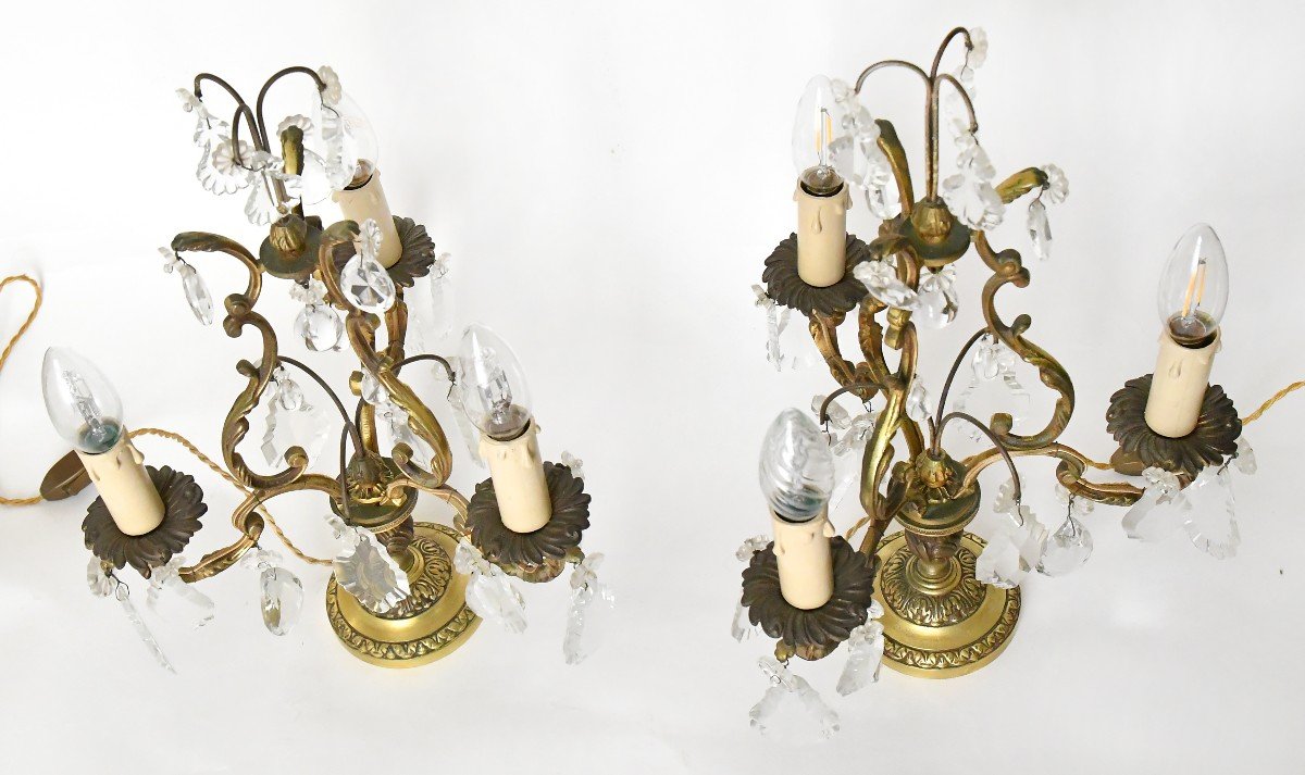 Pair Of Gilded Bronze Candelabras With Three Light Arms-photo-3