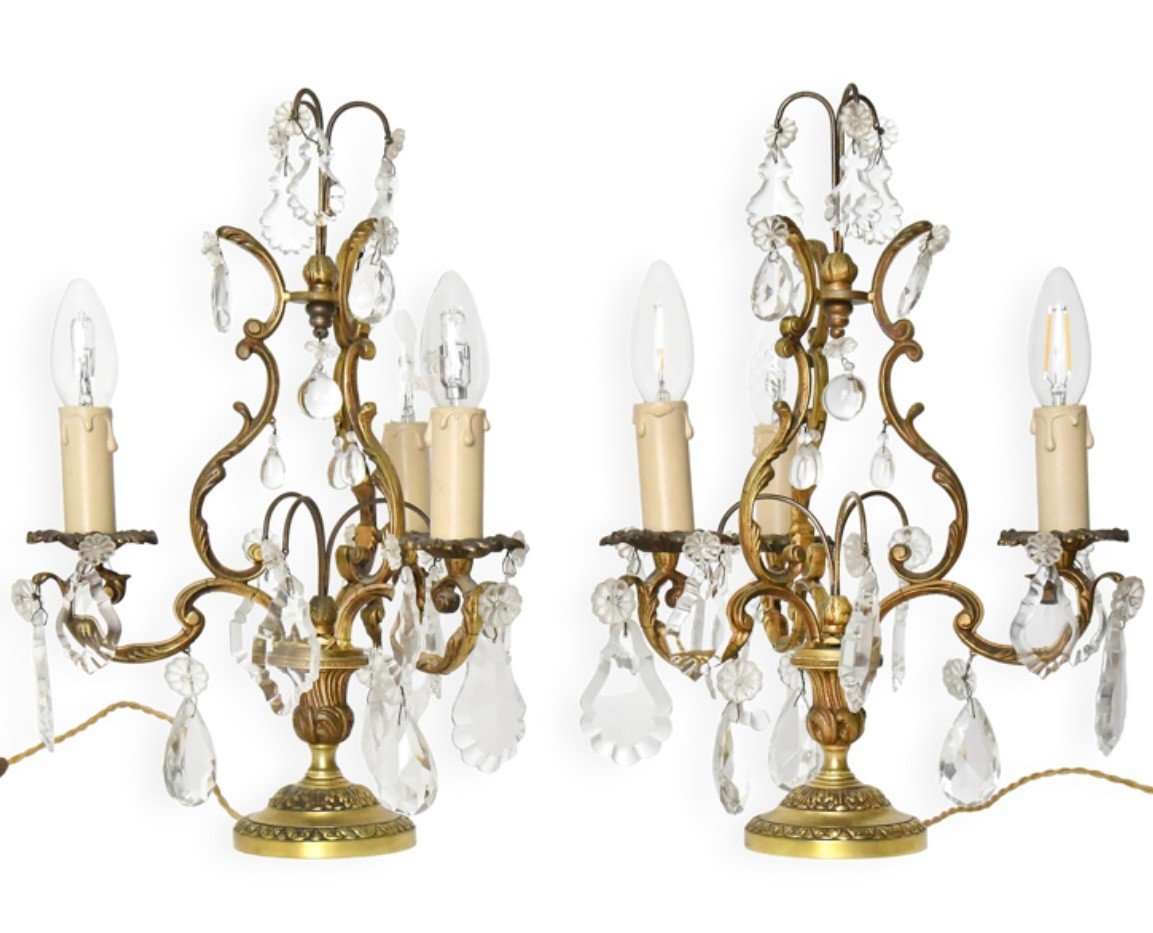 Pair Of Gilded Bronze Candelabras With Three Light Arms