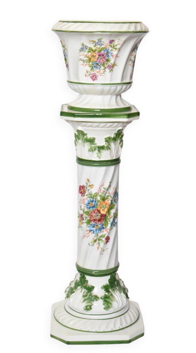 Cache-pot ou jardinière sur colonne en porcelaine à décor florale