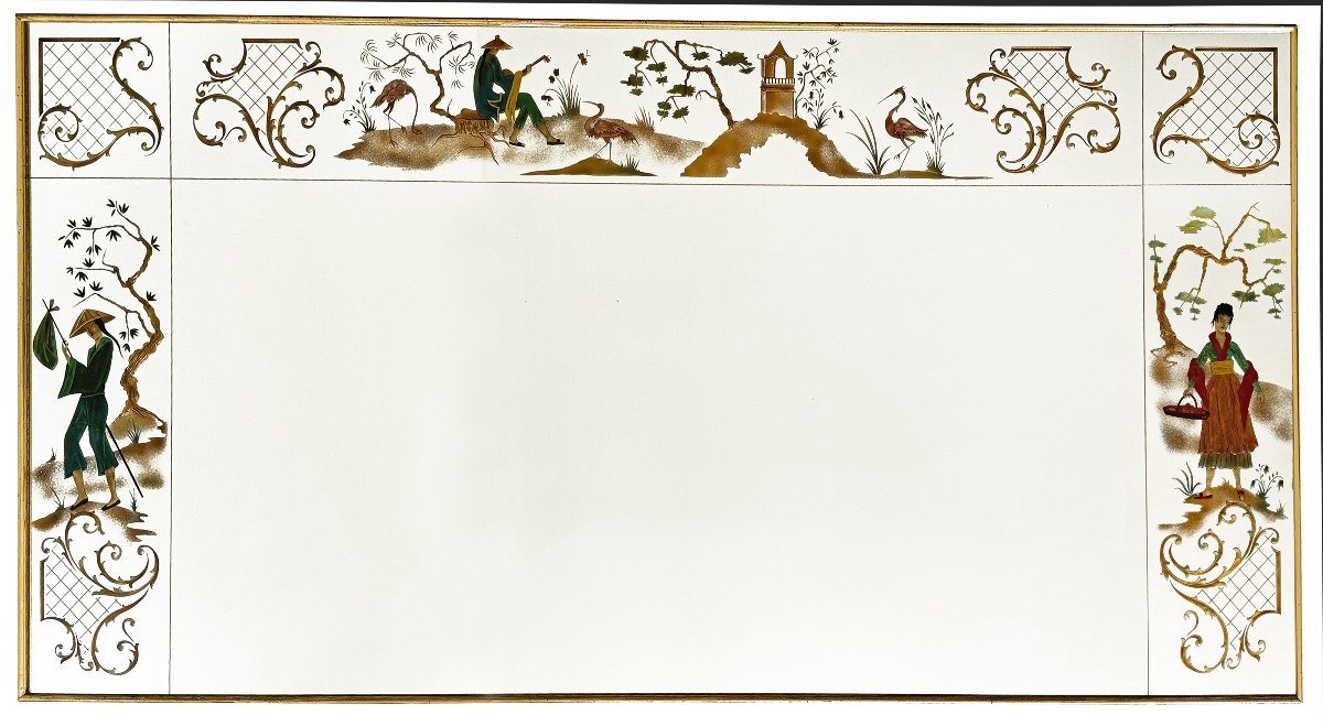 Brasserie Mirror In Eglomise Glass Decorated With Chinoiserie Scenes