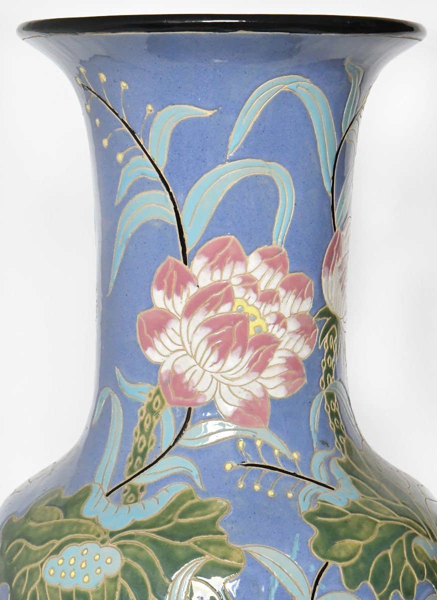 Large Enamelled Ceramic Vase With Floral Decoration (h=102.5 Cm) -photo-2