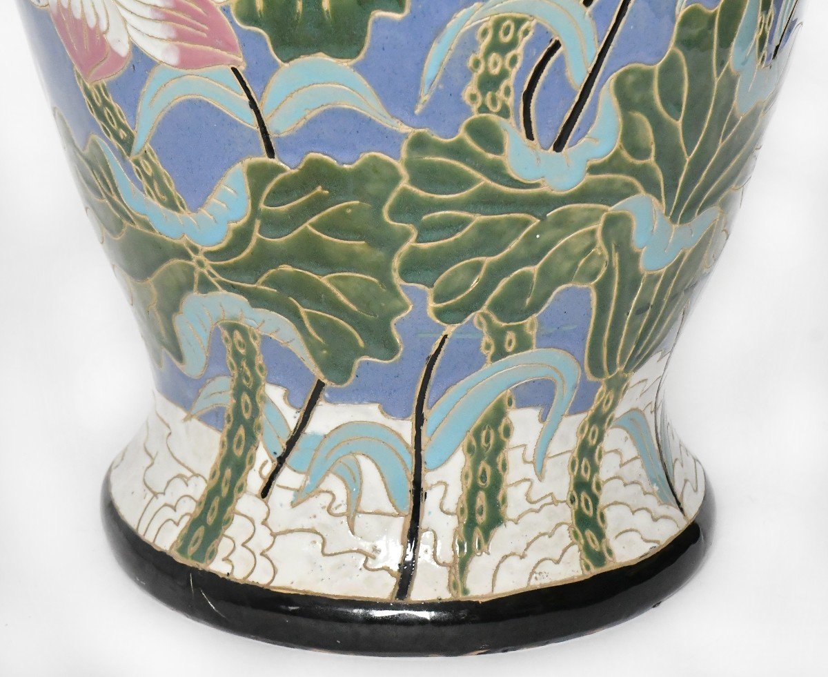 Large Enamelled Ceramic Vase With Floral Decoration (h=102.5 Cm) -photo-3