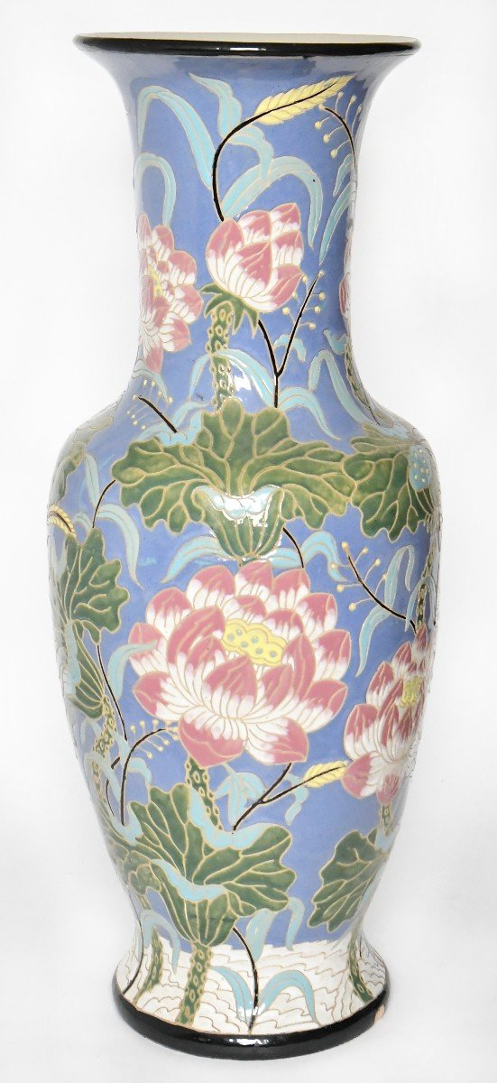 Large Enamelled Ceramic Vase With Floral Decoration (h=102.5 Cm) -photo-4