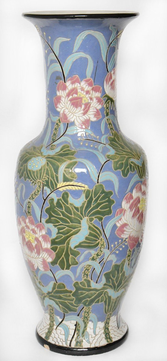 Large Enamelled Ceramic Vase With Floral Decoration (h=102.5 Cm) -photo-2