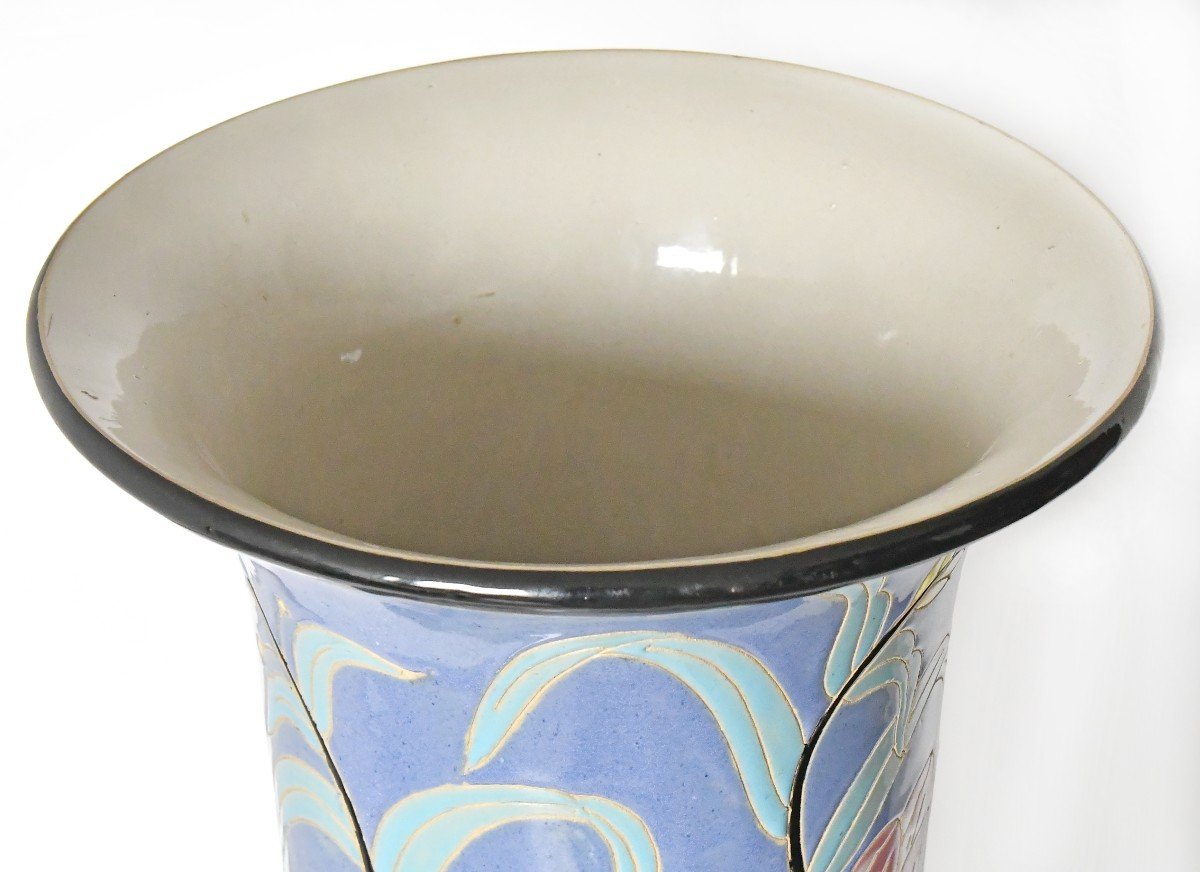 Large Enamelled Ceramic Vase With Floral Decoration (h=102.5 Cm) -photo-3