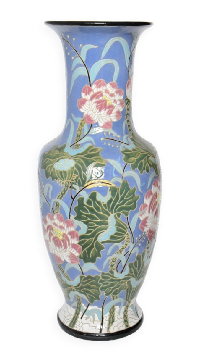 Large Enamelled Ceramic Vase With Floral Decoration (h=102.5 Cm) 