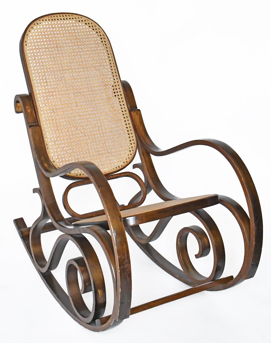 Rocking Chair And Its Footrest In Curved Wood And Cane-photo-2