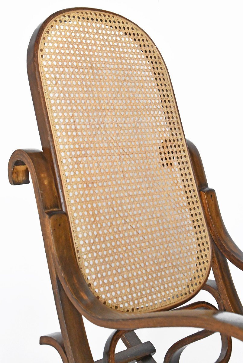 Rocking Chair And Its Footrest In Curved Wood And Cane-photo-4