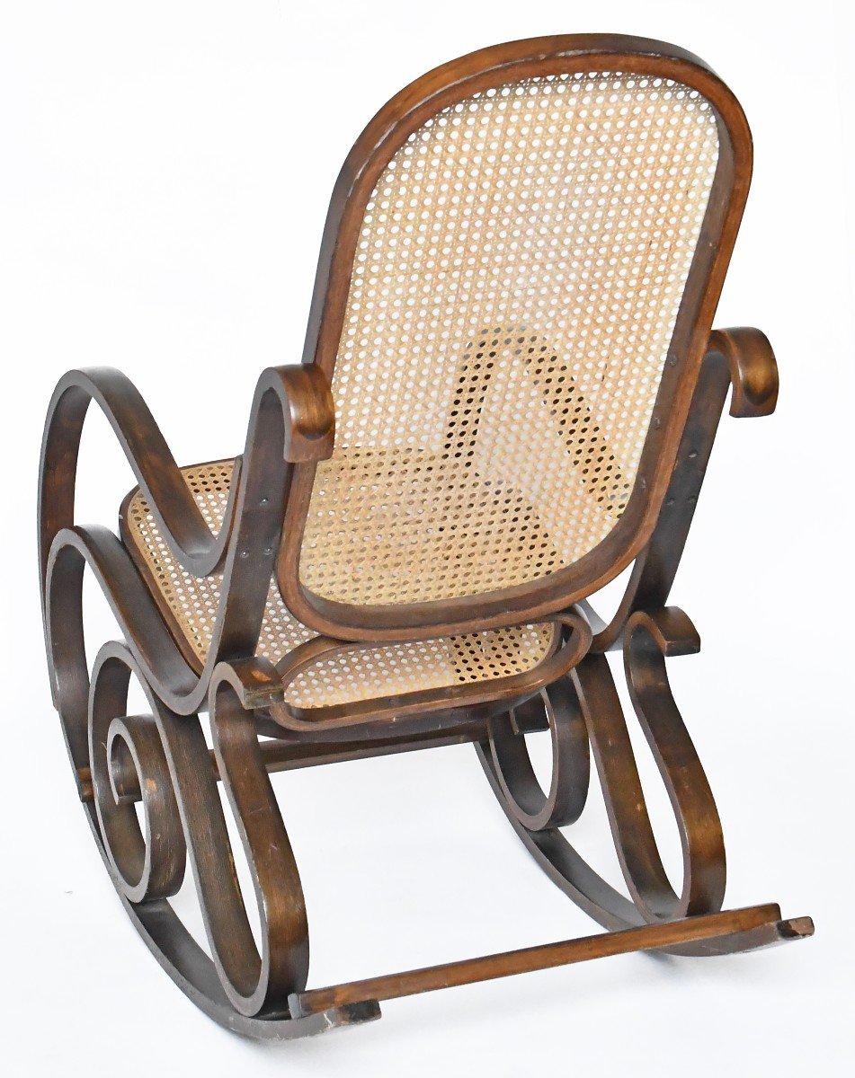 Rocking Chair And Its Footrest In Curved Wood And Cane-photo-2