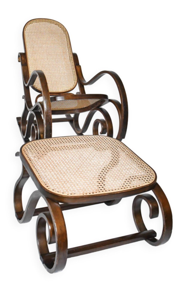 Rocking Chair And Its Footrest In Curved Wood And Cane