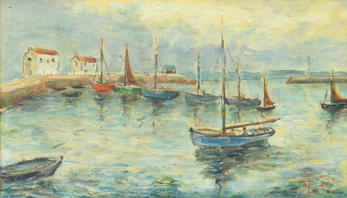 Alain Capisi (né en 1923) "Les bateaux" Huile sur toile-photo-2