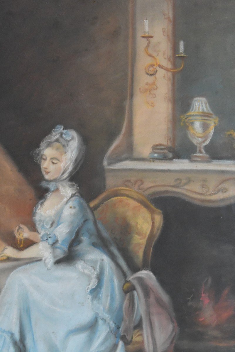 Pastel Depicting An Interior Scene With A Young Woman In Front Of A Mirror-photo-3