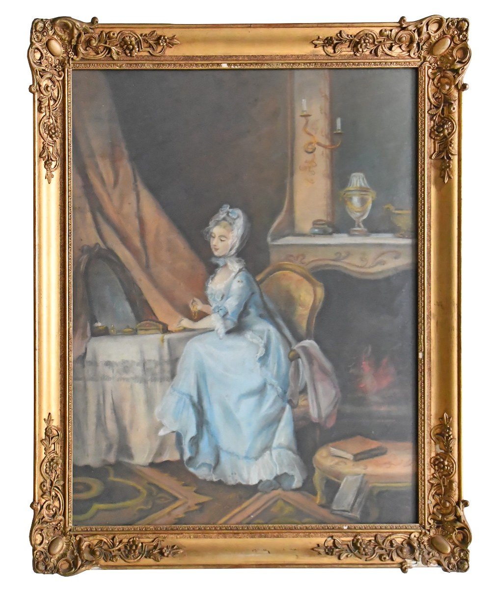 Pastel Depicting An Interior Scene With A Young Woman In Front Of A Mirror