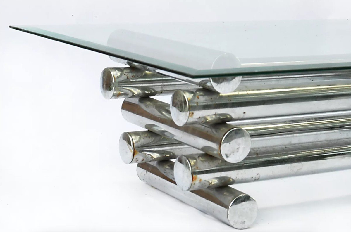 Coffee Table In The Style Of Willy Rizzo With Chrome-plated Metal Tube Base -photo-3