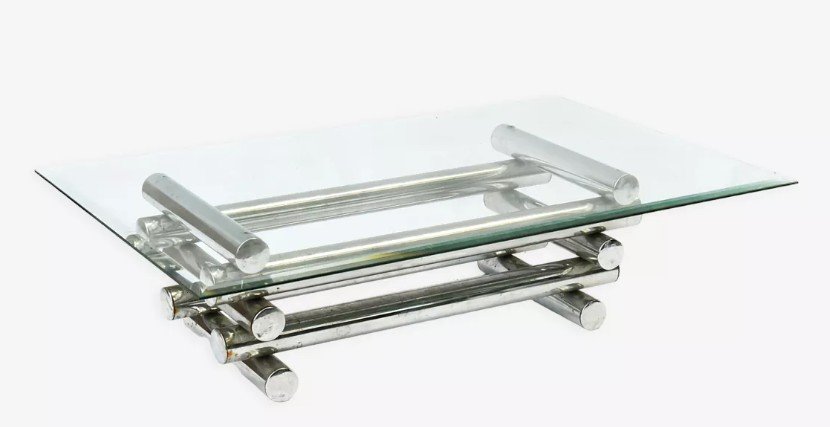 Coffee Table In The Style Of Willy Rizzo With Chrome-plated Metal Tube Base 