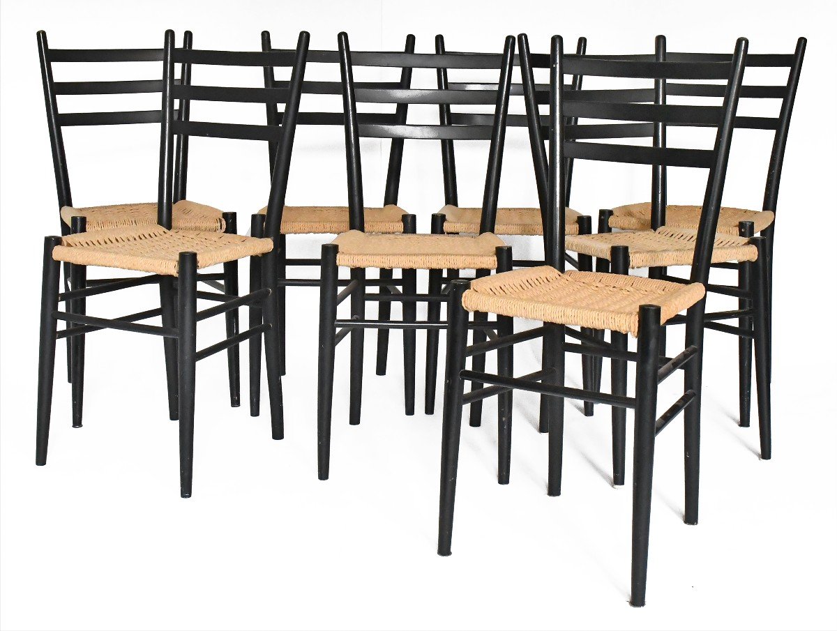 Set Of 8 Spinetto Chairs By Chiavari In Black Lacquered Wood And Braided Rope 