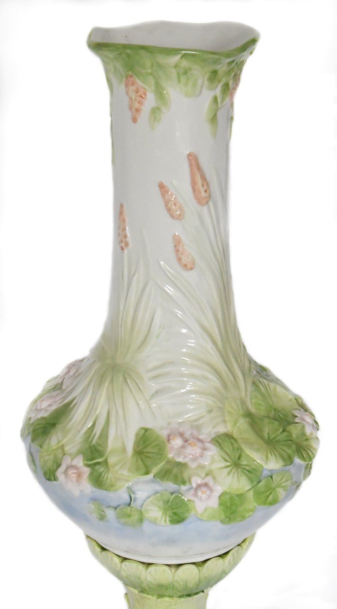 Vase On Its Column In Polychrome Ceramic With Floral Decoration-photo-2